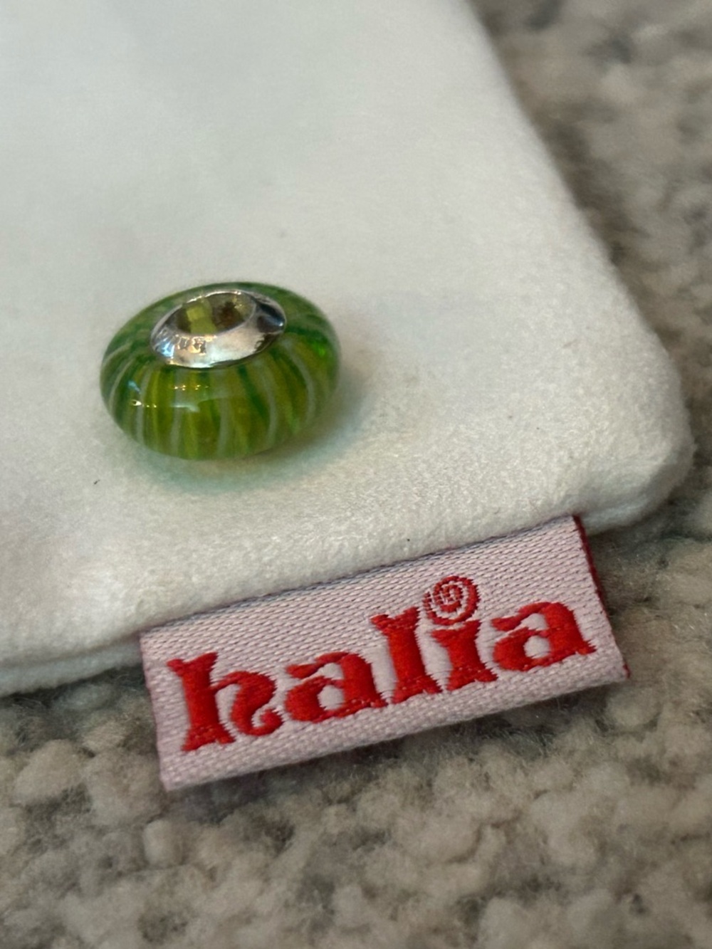 NEW Green Striped Glass Charm with Sterling Silver Core - Halia “Spring Grass”